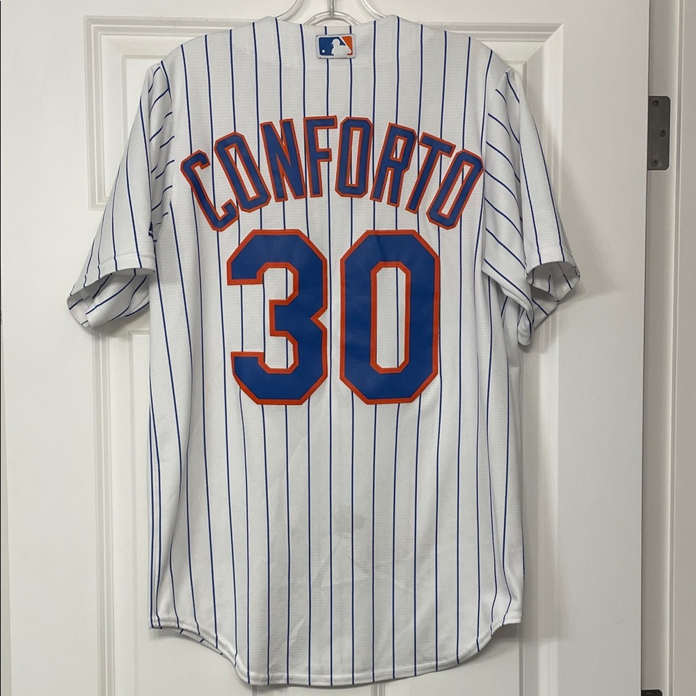 Mets Conforto White Jersey with Blue Stripes and Orange Logo